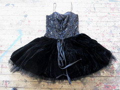 Vintage Black Velvet Tulle Full Skirt Mini Sequin Party Dress Lace Back Sz Med