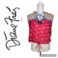 Vintage Diane Freis Blouse Top Multicolor Sleeveless Poly Georgette M / L Red