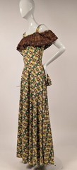 1930’S HEART + FLORAL CHECK COTTON LONG DRESS W SILK ORGANZA RUFFLE + TRIM