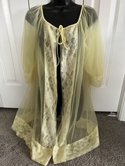 Vintage Movie Star Sheer Lace Bridal Robe Peignoir Lingerie M Yellow Nylon EUC