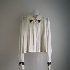 CHANEL 02P VINTAGE CREME SILK BLOUSE BLACK BEADED TRIM PEARL BUTTONS FR42 US10
