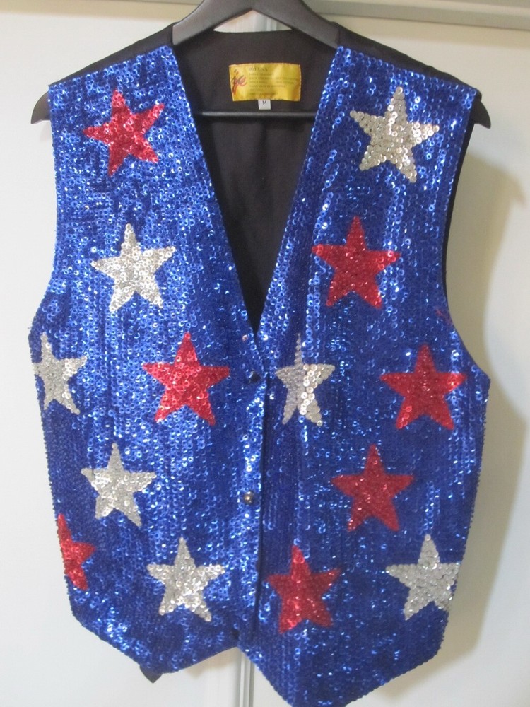 VINTAGE WOMENS RED WHITE & BLUE SEQUIN PATRIOTIC USA STAR VEST SZ M FREE SHIP!