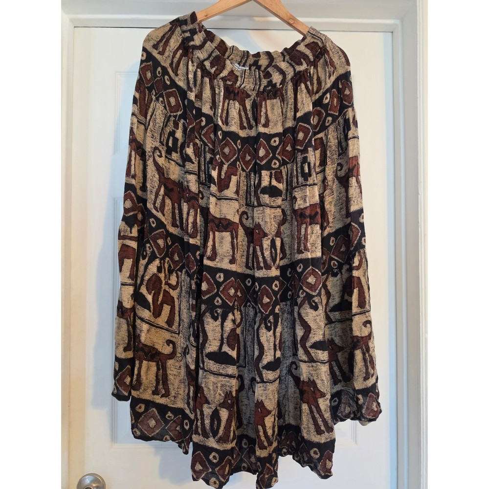 Vintage Bila Tribal Animal Print Rayon Midi Skirt Brown Black Tan Boho Medium