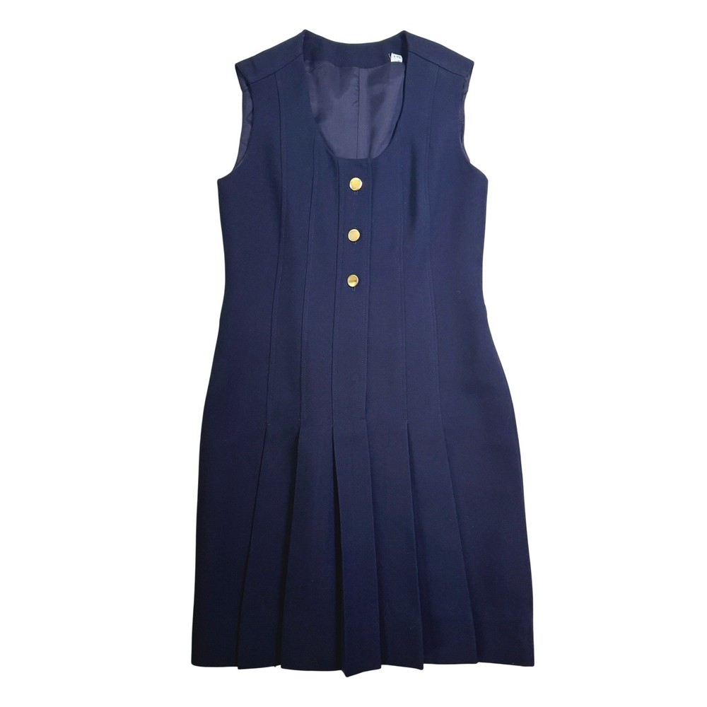 Vintage 60’s Pleated Gold Button Shift Jumper Dress Womens 6 Navy Blue Mod 1960s