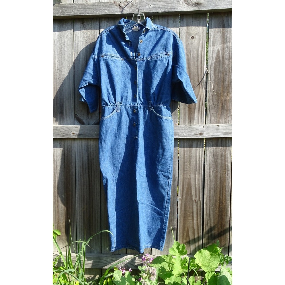 Vtg 80s Vivaldi Denim Shirt Dress Sz 10 Retro Blue Jean Midi Dress Western