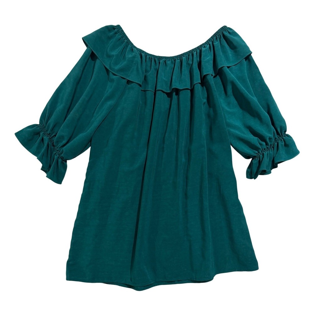 Vintage Malco Modes Teal Peasant Blouse Off Shoulder Ruffle Top USA L