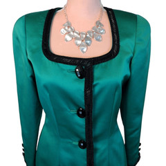 VTG 90s D’ore Della Roufogali Green Satin Beaded Skirt Suit Set 6 Event Gala MCM