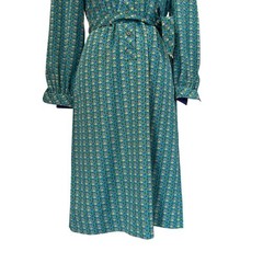 Vintage 90s Teal Geometric Print Tie Waist Midi Dress Long Sleeve Petite Size 6