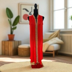 Vtg 1970s Red Orange Nightgown Gold Trim 70s Lorraine Nylon Lingerie Mod Boho