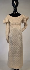 REGENCY 1815 FIGURED SILK EVENING DRESS W FAN PIPE FRONT + PUFF SLEEVES