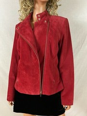 VTG 80s Alfani Red Suede Waist Jacket Coat Band Collar Snaps Zip up Disco L