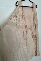 antique 1920s pink silk chiffon negligee Venetian Lace Rosette Detail Art Deco