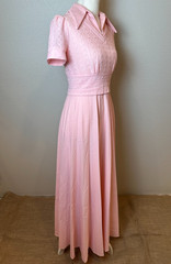 Vtg 70s Pink Maxi Dress Collared Shirt Waist Fit Coquette Pleats Sz 8 Fits XS/S