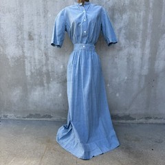 Antique Edwardian Blue Chambray Cotton Dress Workwear Prairie Maxi Vintage