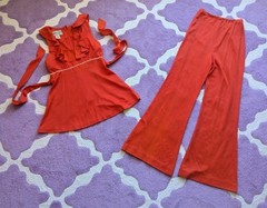Vintage 70’s Young Innocent Arpeja Red Orange Ruffled Babydoll Top Bellbottoms S
