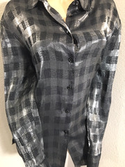 Vtg Silver Metallic Button Up Shiny Rayon Shirt Top XL