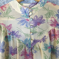 Vtg 70s Prairie Midi Dress M Purple Floral Gauze Knit Bib Dolman Balloon Sleeve