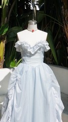 Vtg 80s Gunne Sax Blue Polka Dot Prom Princess Off Shoulder Dress Gown Xs