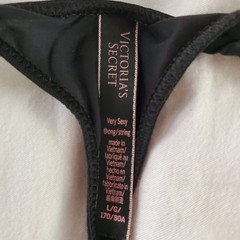 Victorias Secret Very Sexy Black Shiny Satin Thong Panty Rhinestone Logo Large