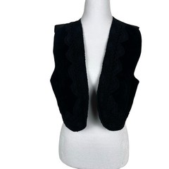 Mona Mode Women’s Genuine Leather Vest Open Front Lace Trim Rodeo Black Small
