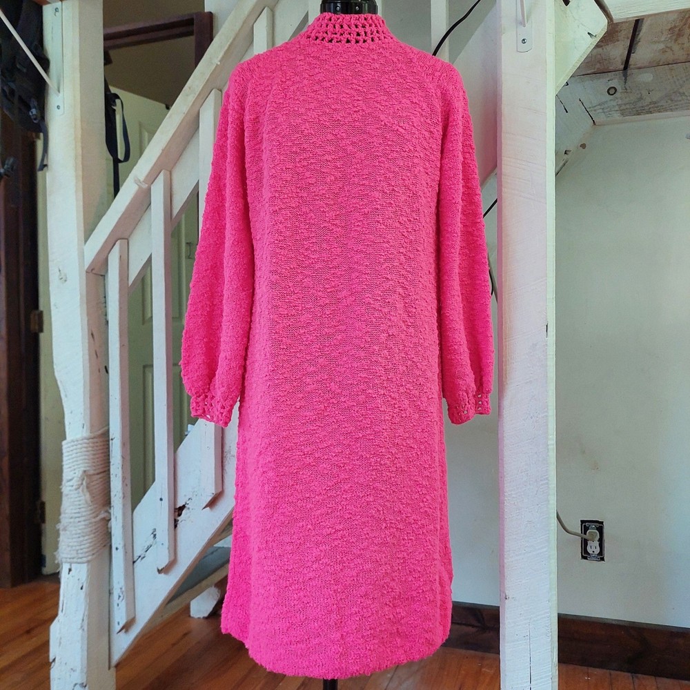 Jane Vintage Hot Pink Knit Midi Dress Knit Mock Neck Balloon Sleeve 1960’s