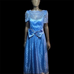 Vintage 70s 80s Maxi Dress Romantic Blue Satin Lace Cottagecore Puff Sleeve Gown