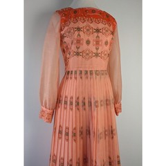Vintage 1970’s Alfred Shaheen Peachy Pink / Orange Puff Sleeve Maxi Dress