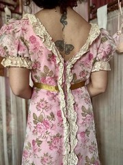 Vintage 60s/70s Romantic Revival Pink Floral Gown with Lace Trim, Size S-M