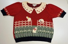 vtg Sweater Loft Womens L Knit Cat Floral Flower Red Cottage Core Grandma Kawaii