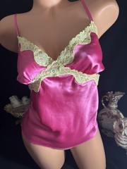 VTG Satin Silky Soft Hot Pink Nightie Cami Office Gal camisole Chantilly Lace L
