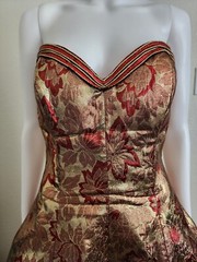 Victor Costa 1980’s Gold Red Lame Brocade Strapless Holiday Evening Gown Dress M