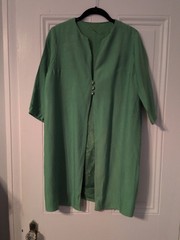 Vintage Green Sheath Dress & Coat Set Linen? Lined Pink Ribbon Rhinestone FLAW