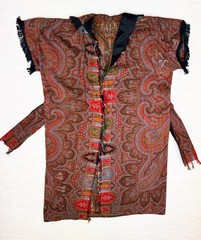 Antique Paisley Tapestry Kashmir Robe or Jacket Red Orange Fringe AS IS