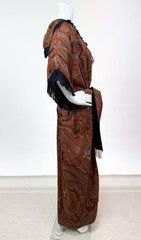 Antique Paisley Tapestry Kashmir Robe or Jacket Red Orange Fringe AS IS