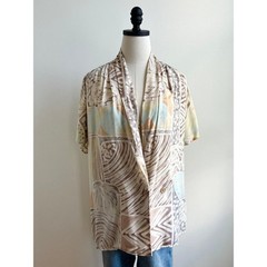 Vintage 70s Draped Rayon Print Blouse | Neutral Abstract | Shawl Collar | Size L