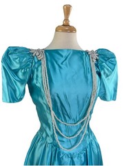 VNTG 80s Alfred Angelo Blue Satin Gown Dress Puff Sleeves Appliqués Faux Pearl