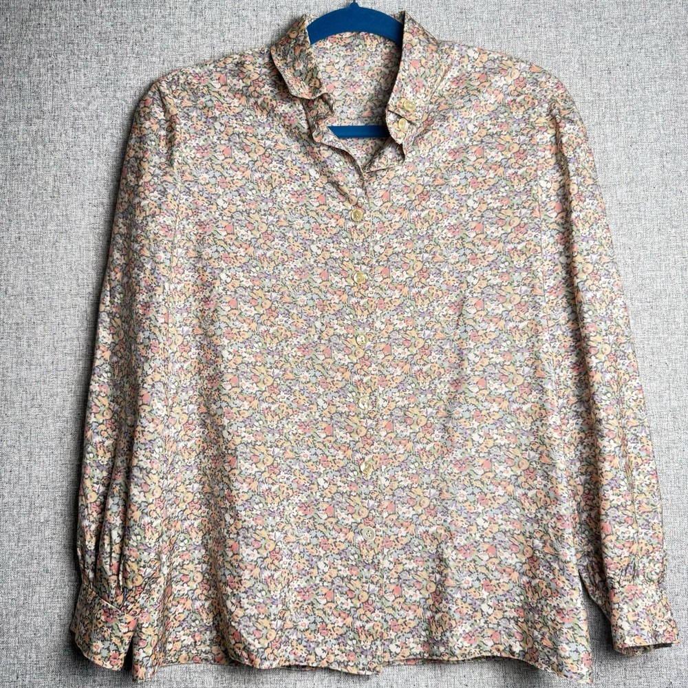 Vintage 70s/80s Ivory Pink Green Floral Handmade Button Down Shirt S/MEDIUM