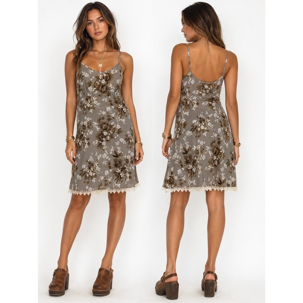 VTG 90s Slip Dress 13 Taupe Brown Floral Lace Trim Coquette Earthy Prairie Boho