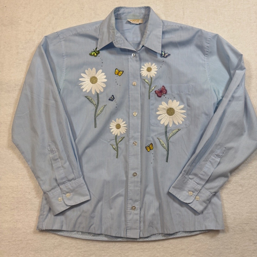 Vintage 90s Tia Designs Blue Striped Embroidered Butterfly Daisy Lace Shirt L