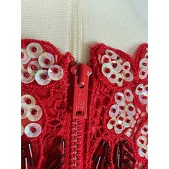 Vintage Beaded Sleeveless Blouse Size M Red White Sequins Scalloped Lace 1940s