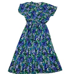 90s Vintage Floral Prairie Midi Dress Blue Green Pleated Skirt USA Made Large 12