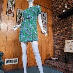 Vintage 60s Mod Paisley Youthquake Go Go Party Twiggy Micro Mini Shift Dress S/M