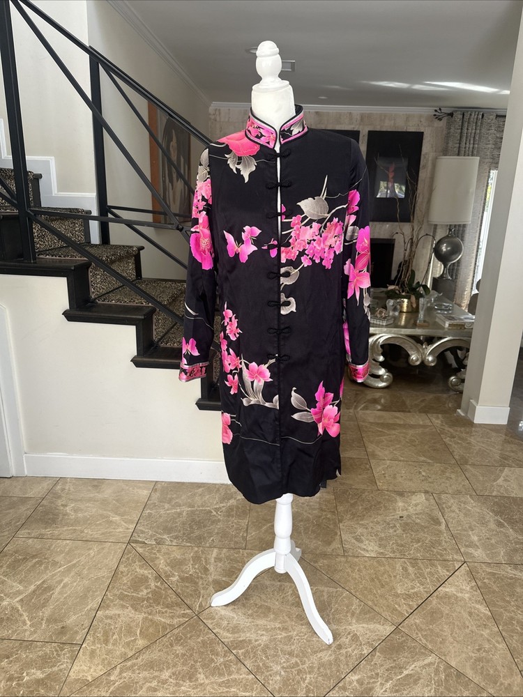 Leonard Of Paris Black Satin Pink Orchids Knee Length Tunic Coat Frog Closure 42