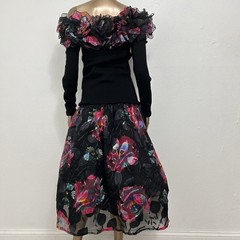 Vintage 80s Raul Blanco Black Pink Tulle Floral Sweater Chiffon Skirt Set Sz XS