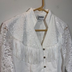 Banjo Dallas Texas Vintage White Western Lace Fringe Button Front Shirt Medium