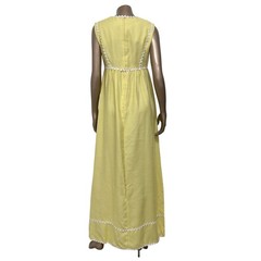 VTG 70s Yellow Sleeveless Empire Waist Maxi Dress White Rickrack Trim M (12)
