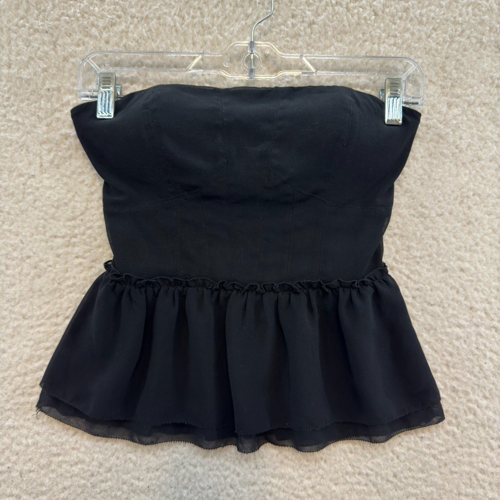 Y2K Vintage Bebe Top XS Black Strapless Peplum Chiffon Mesh Coquette Babydoll