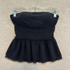 Y2K Vintage Bebe Top XS Black Strapless Peplum Chiffon Mesh Coquette Babydoll