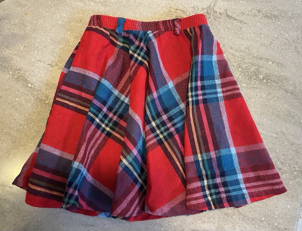 1980’s Vintage Wool Plaid Skirt, Red, Black, Blue, Belt Loops
