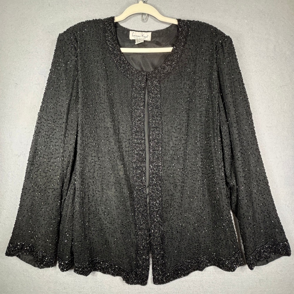 Laurence Kazar Silk Beaded Evening Jacket 4X Vintage Open Front Formal